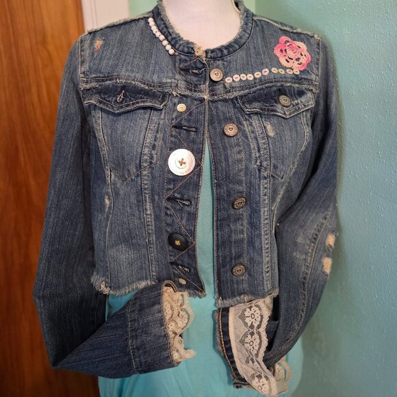 Bethany Mota Brand Upcycled Buttons and Pearl Jean Jacket - Picture 1 of 8